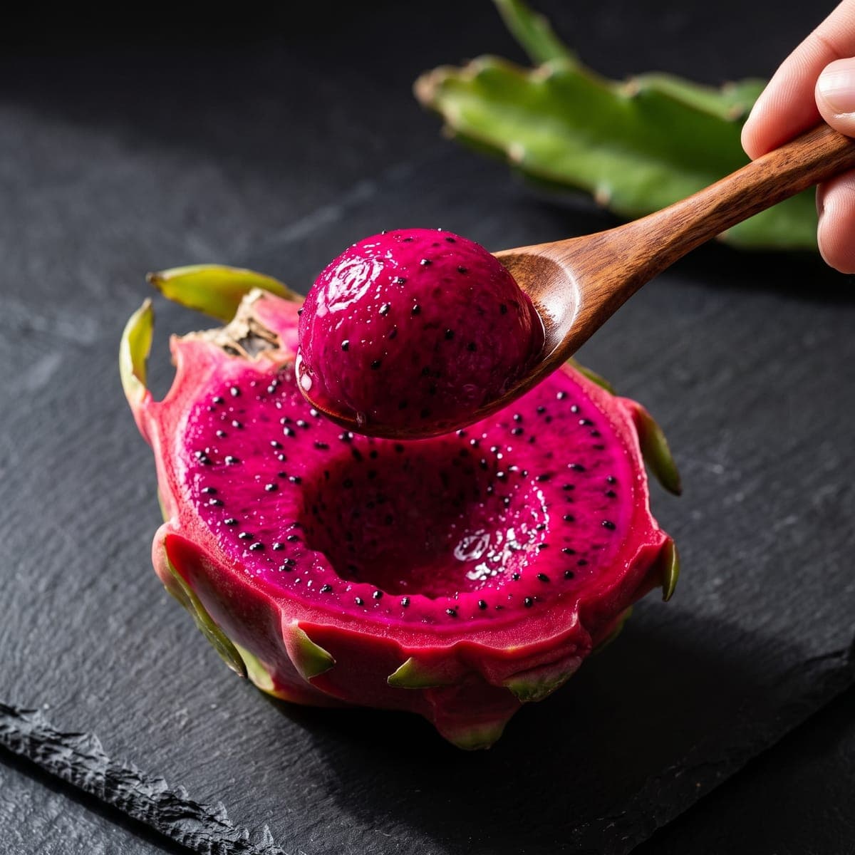 Colher retirando a polpa magenta de uma pitaya cortada ao meio