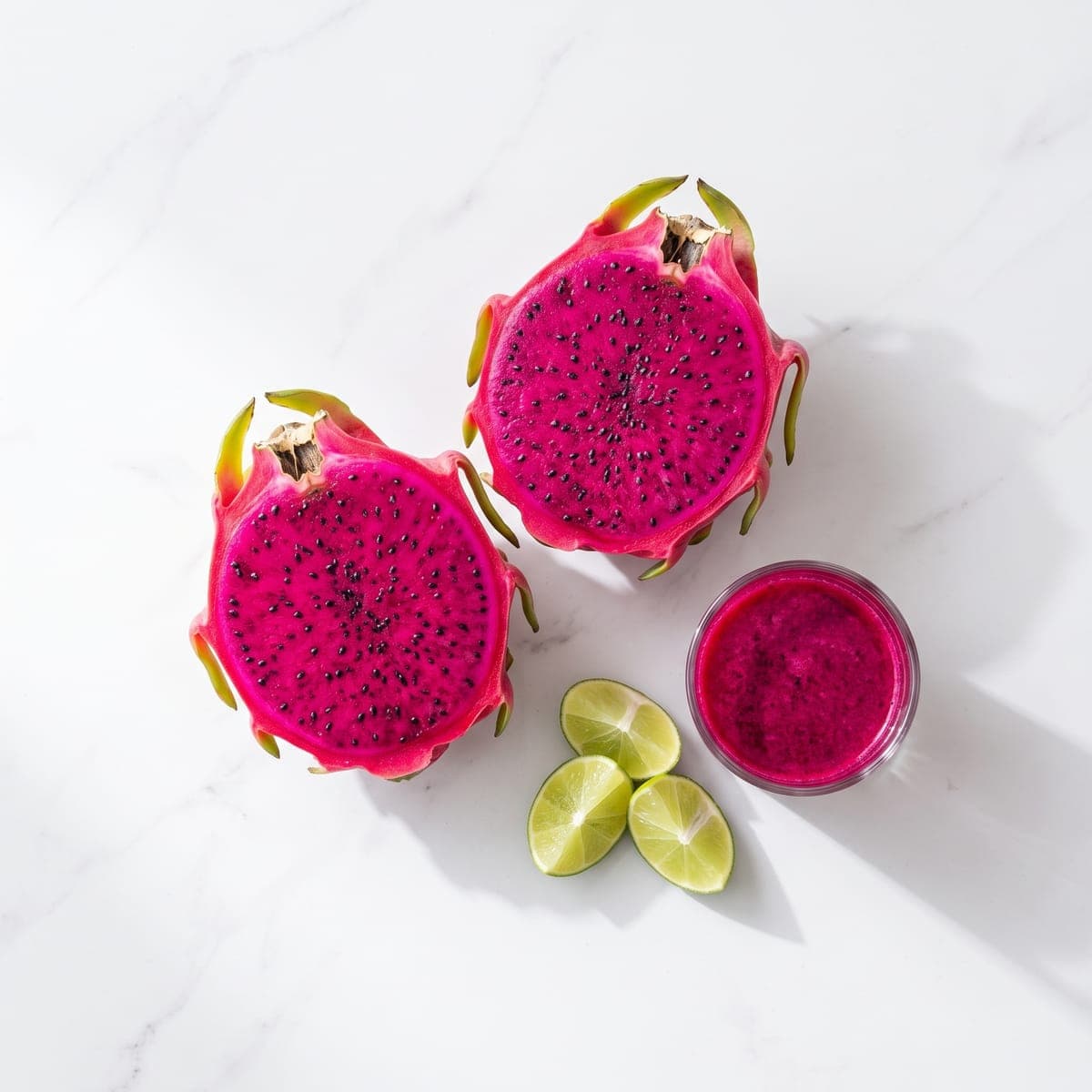 Pitaya de polpa vermelha cortada ao meio, ao lado de fatias de limão e de um copo de suco